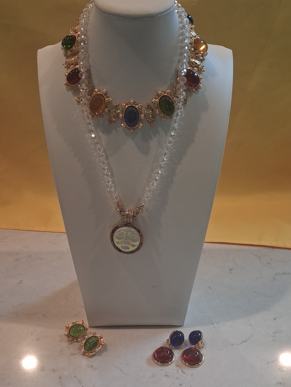 Monet Signed Statement Necklace Set With Crystal Necklace +